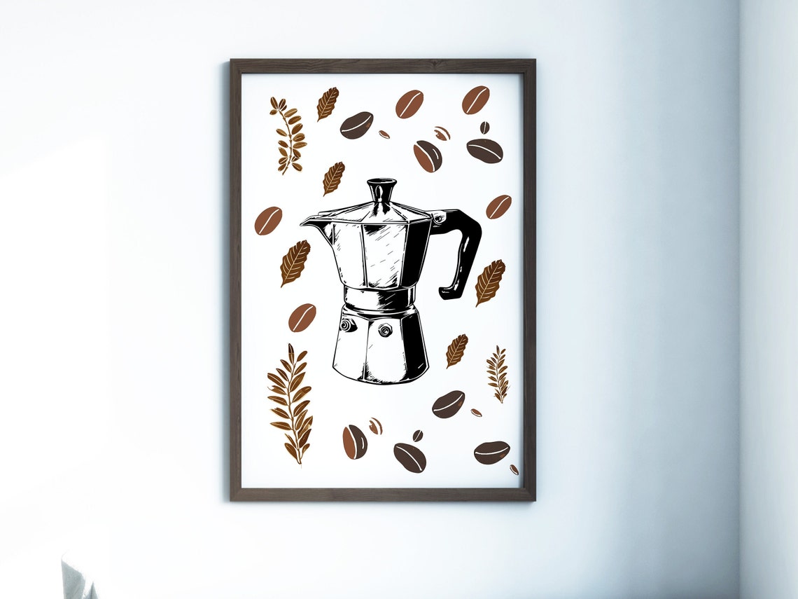 Moka Pot Espresso Maker Line Art Coffee Beans Kitchen Poster - Image 4