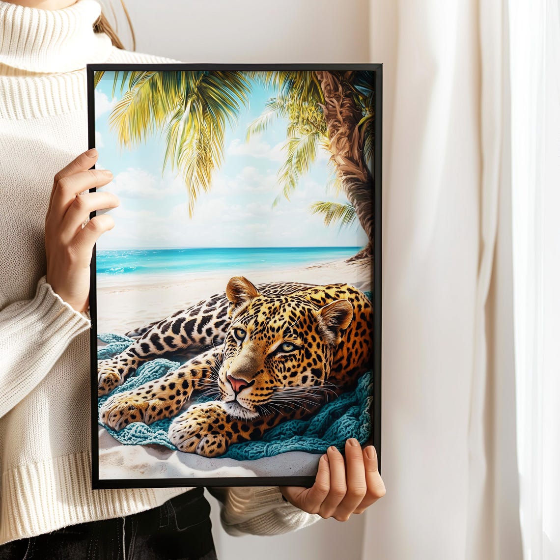 Leopard Lounging On A Sunny Tropical Beach With Palms Poster - Image 3