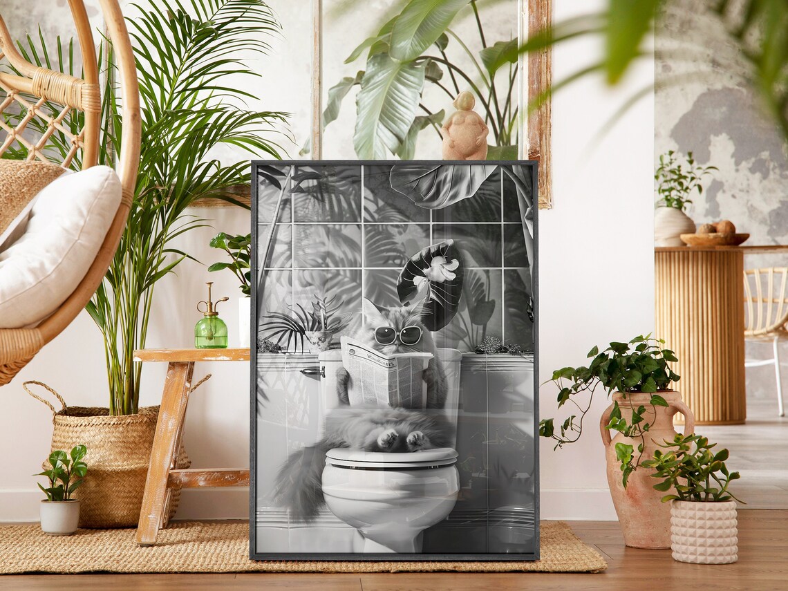 Black and White Bathroom Cat Poster, Funny Decor - Image 2