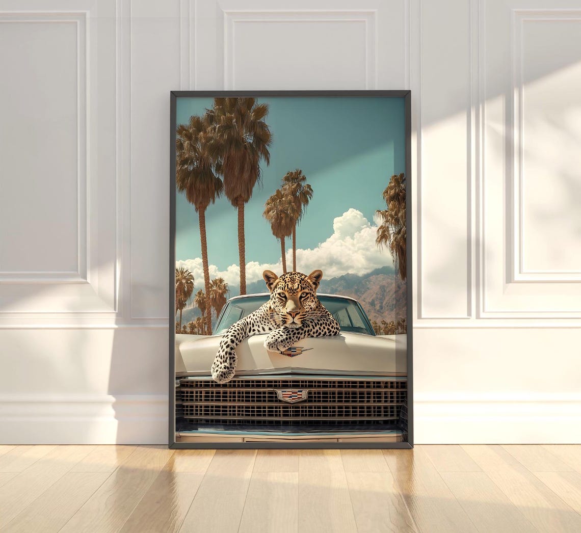 Leopard With Paws Crossed On White Cadillac Front Grille Poster - Image 2