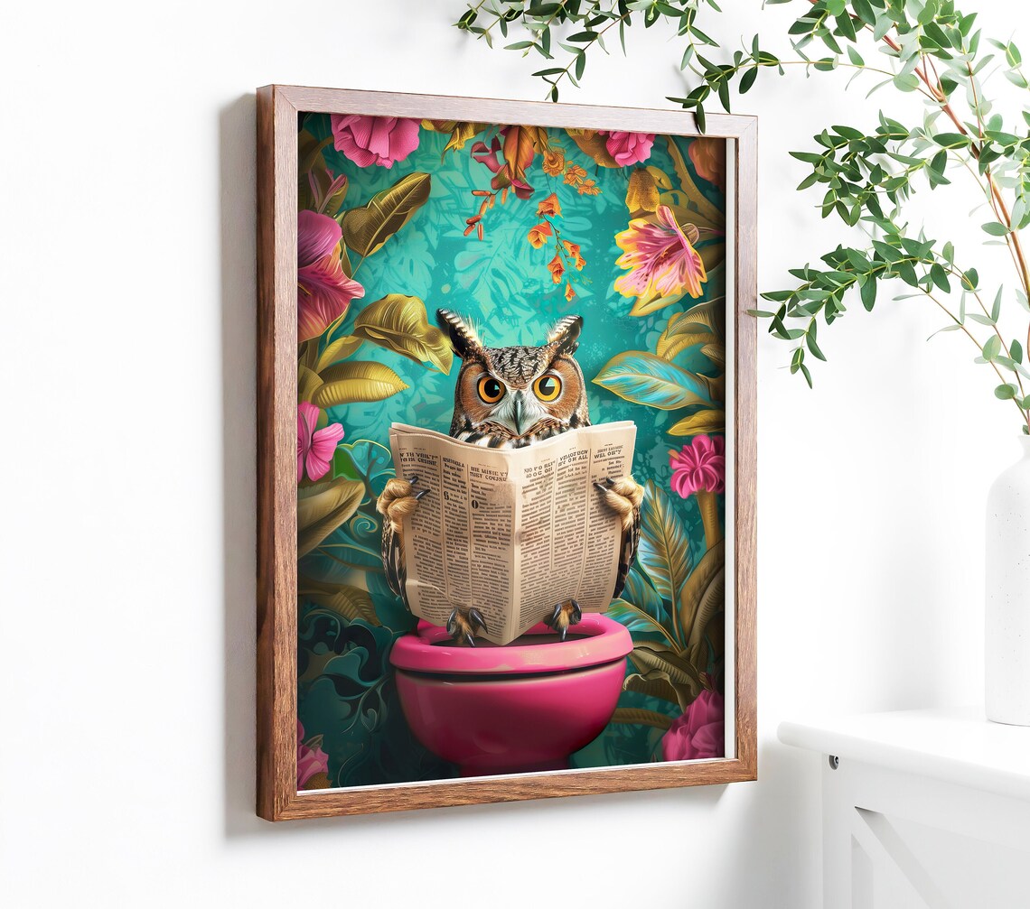 Owl Sitting On Toilet Reading Newspaper Art Print - Image 2