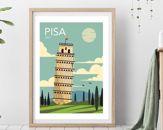 Pisa Retro Travel Poster, Italy City Art Print
