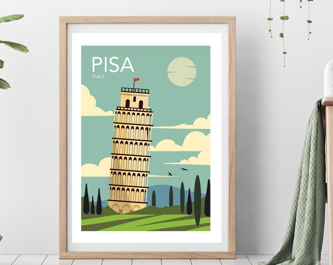 Pisa Retro Travel Poster, Italy City Art Print