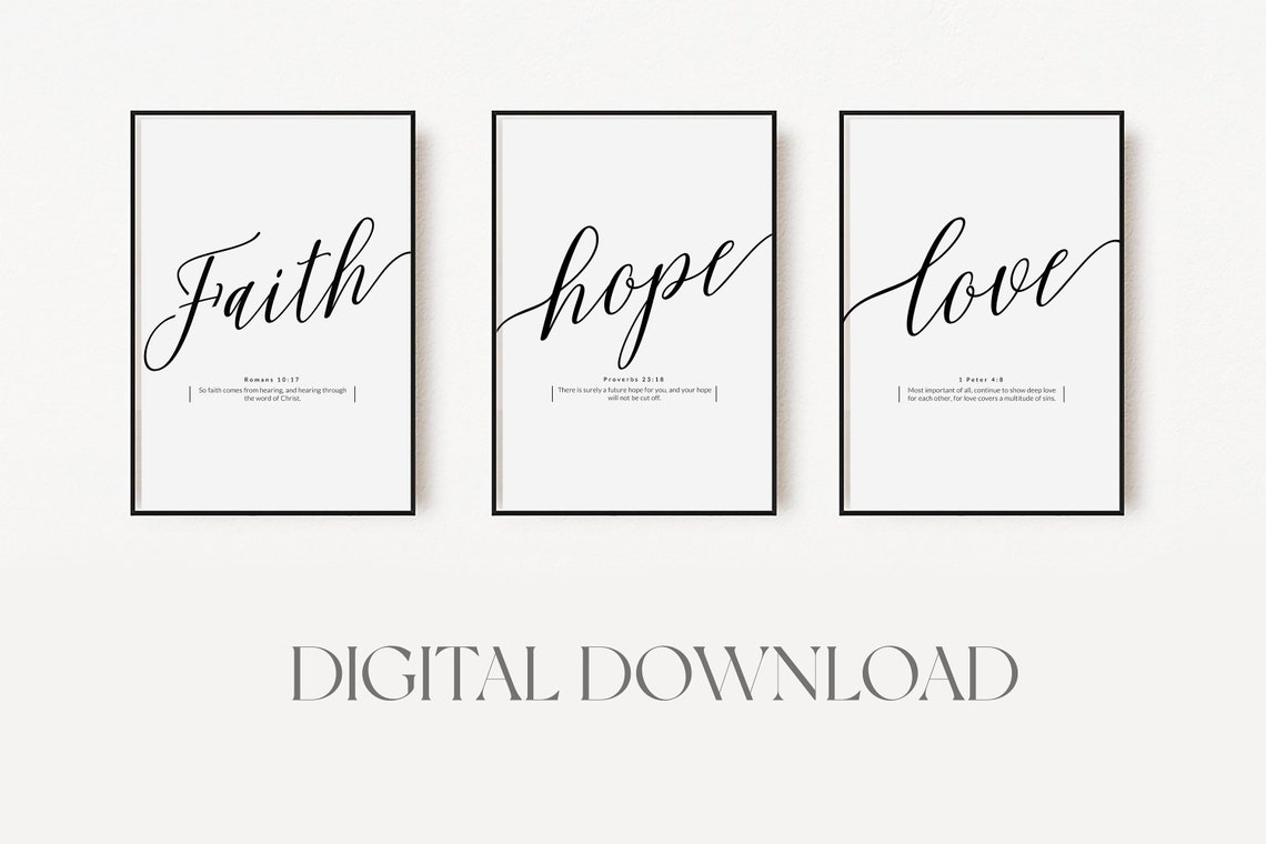 Faith Hope Love Trio Set Minimalist Scripture Typography Print