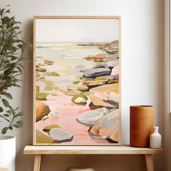 Coastal Abstract Rocky Beach Pink Shore Sunset Glow Wall Art
