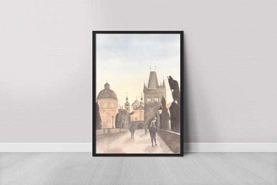 Charles Bridge Prague Print Watercolor Painting Czech Cityscape Wall Art Travel Poster