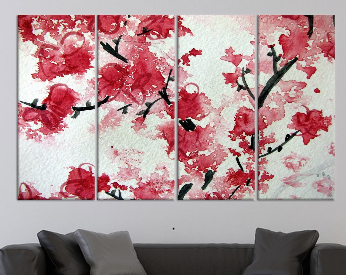 Japanese Red Cherry Blossom Watercolor 4 Panel Canvas Poster