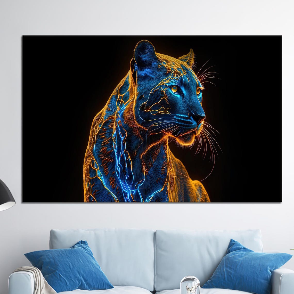 Electric Blue Neon Big Cat Glowing On Black Modern Animal Poster