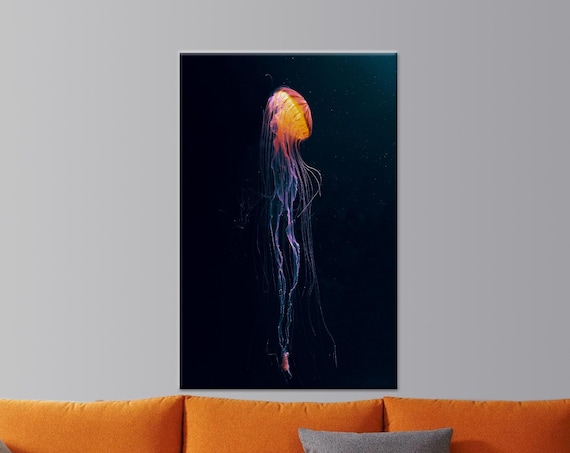 Glowing Orange Jellyfish In Deep Dark Water Underwater Wall Art