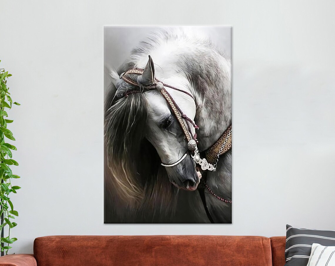 Gray Horse Portrait Decorative Bridle Elegant Equine Art Poster
