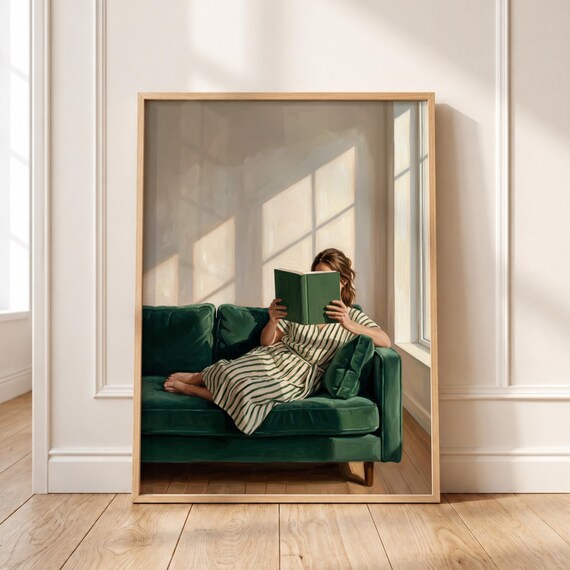 Woman Reading On Emerald Sofa Art Print Sunlit Cozy Literary Wall Digital Download