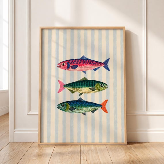 Vintage Sardine Fish Print Colorful Coastal Kitchen Decor Mediterranean Block