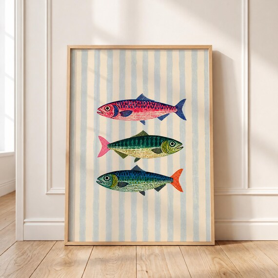 Vintage Sardine Fish Print Colorful Coastal Kitchen Striped Artwork
