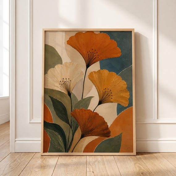 Textured Floral Wall Art Mid Century Botanical Print Terracotta Boho Painting Digital Download