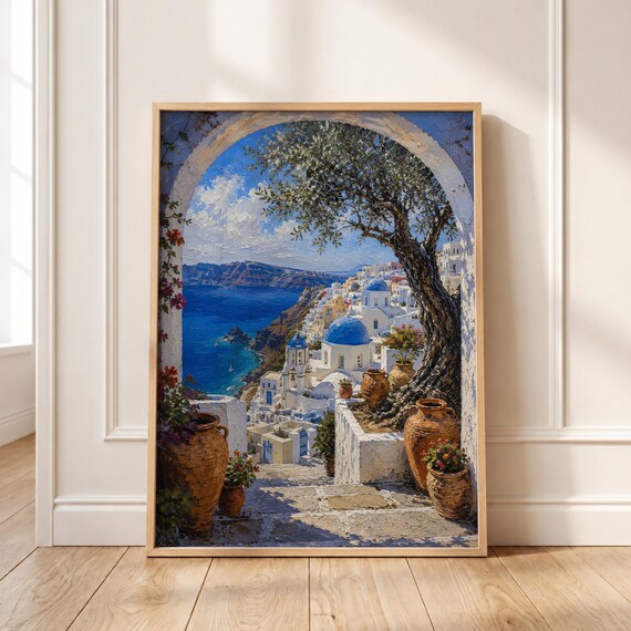 Santorini Greece Wall Art Blue Dome Painting Mediterranean Coastal Print Printable Digital Download
