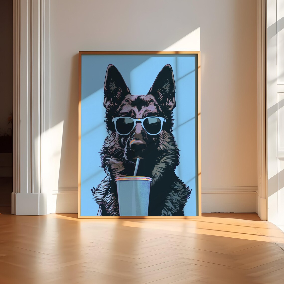 Blue German Shepherd Coffee Art Print, Funny Kitchen Poster