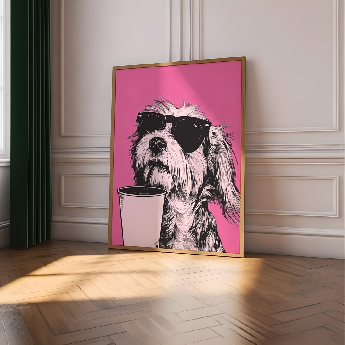 Happy Dog Drinking Coffee Poster, Funny Dorm Decor