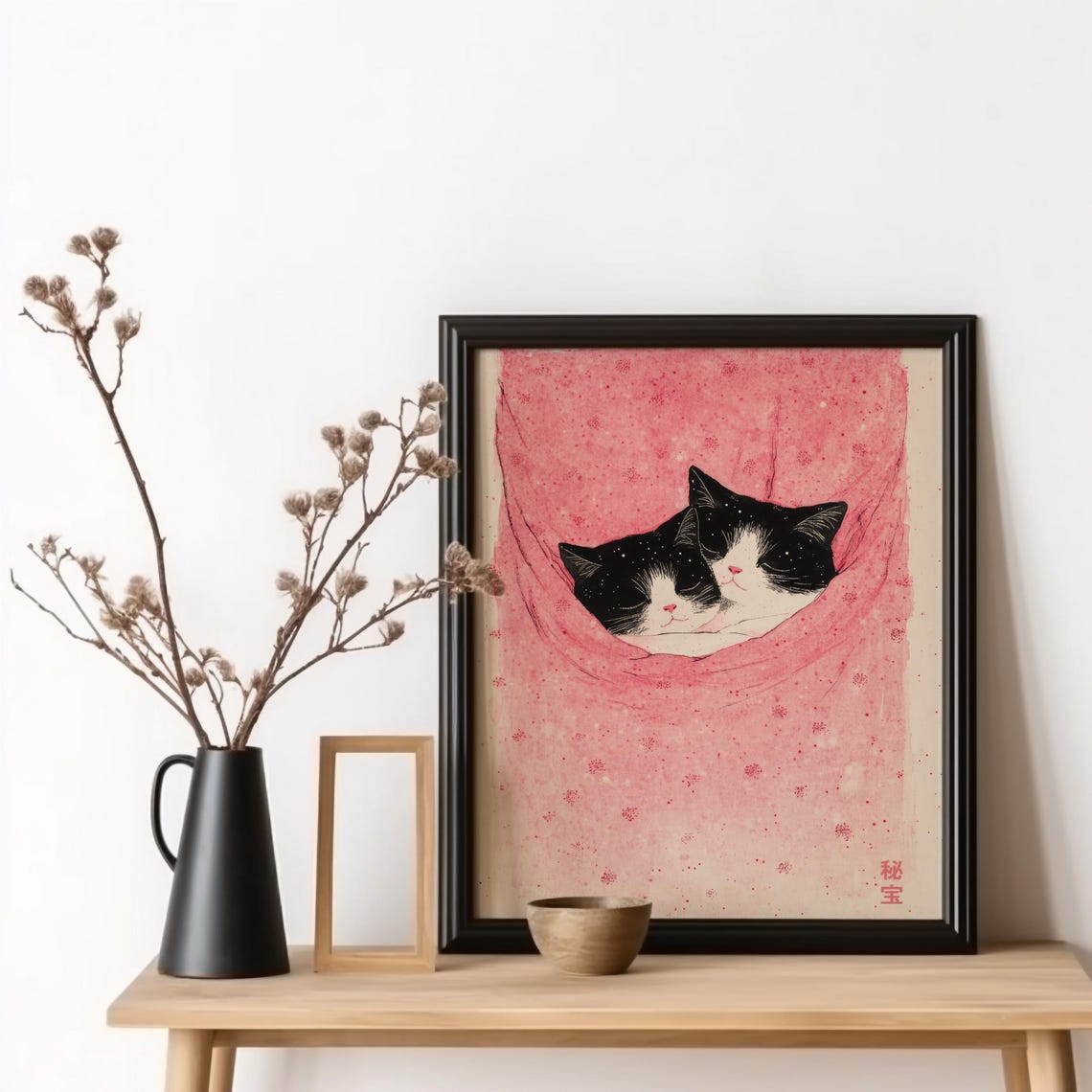 Sleeping Kittens Pink Floral Blanket Japanese Cat Art Poster