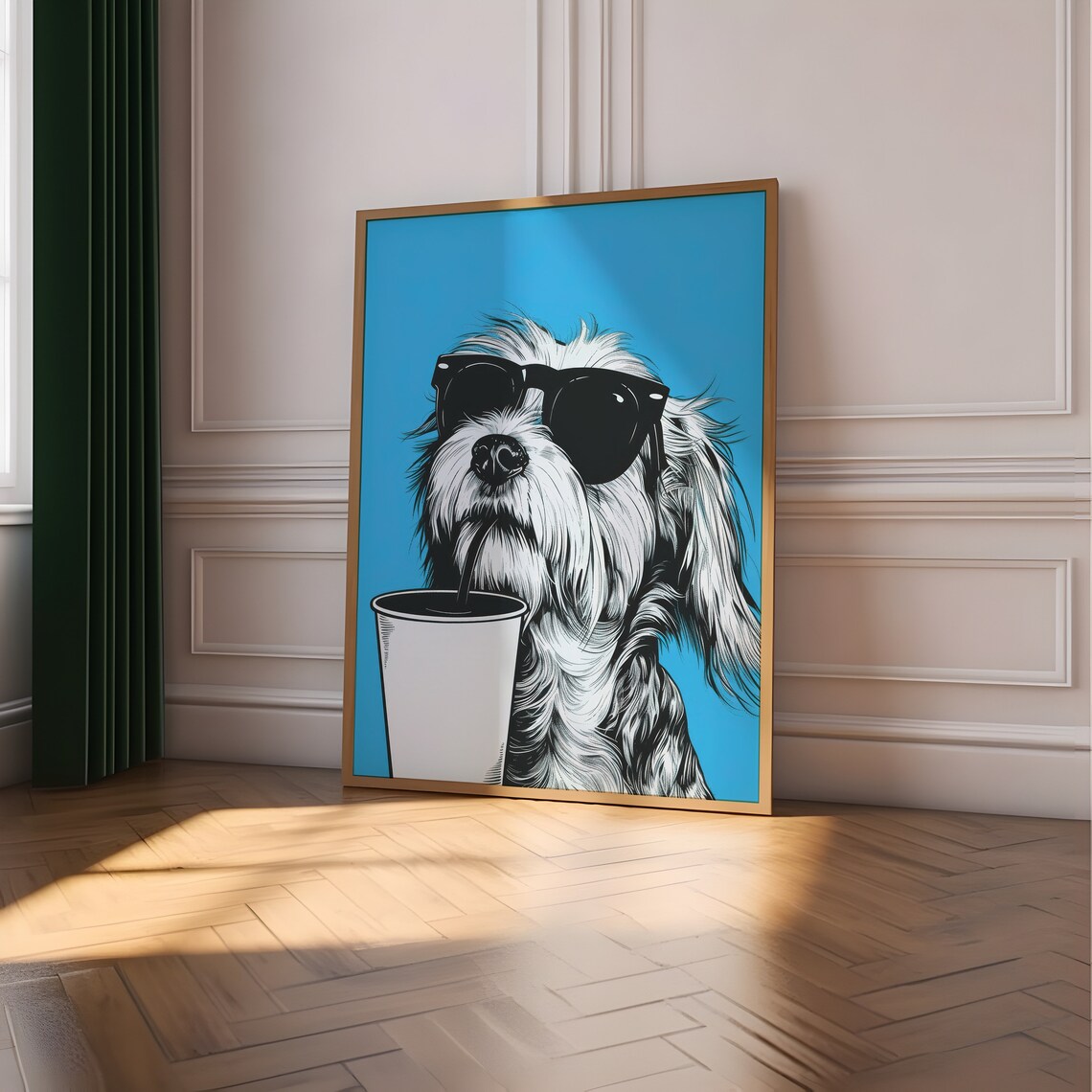 Blue Dog Funny Sunglasses Coffee Poster Print