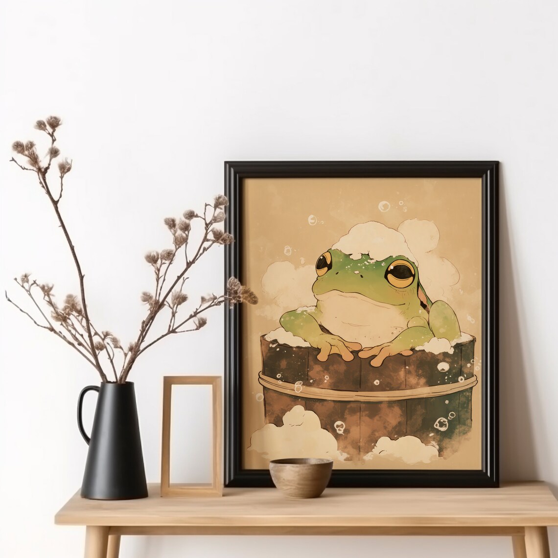 Japanese Frog In Bath Art Print, Anime Bathroom Decor