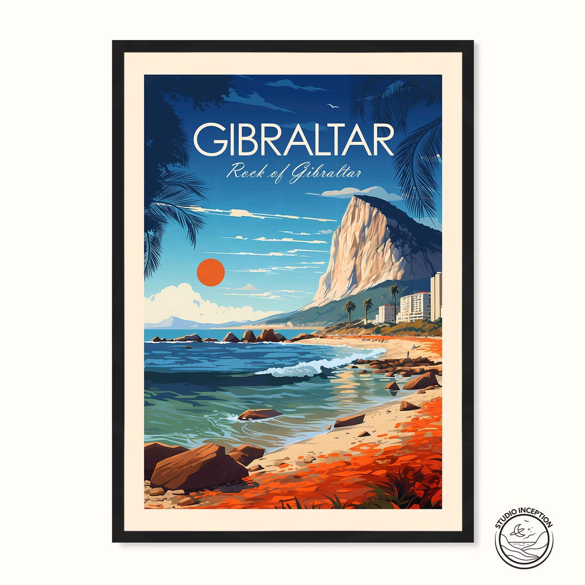 Gibraltar Rock of Gibraltar Beach Sunset Traditional Travel Poster