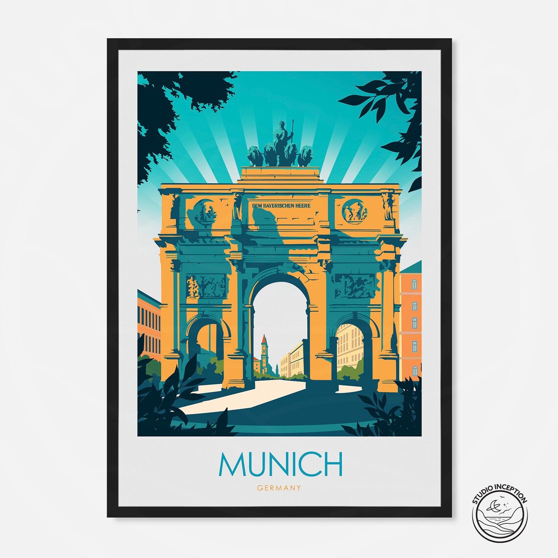 Munich Germany Siegestor Triumphal Arch Sun Vintage Travel Poster