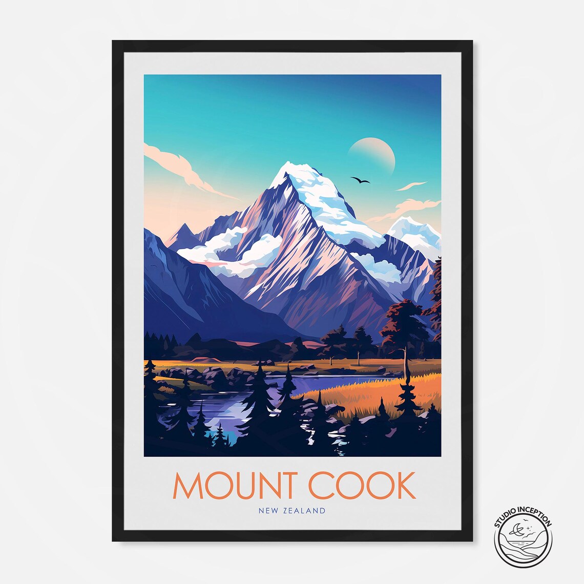 Mount Cook New Zealand Snow Peak Alpine Lake Mountain Travel Poster