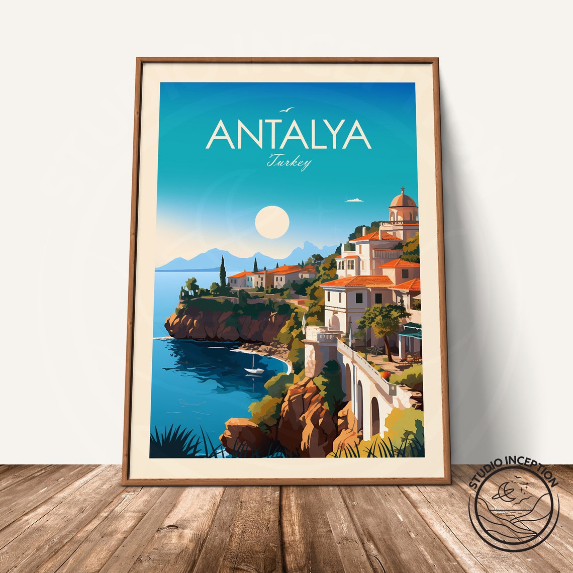 Antalya Turkey Mediterranean Cliffside Old Town Sailboat Poster - Image 2