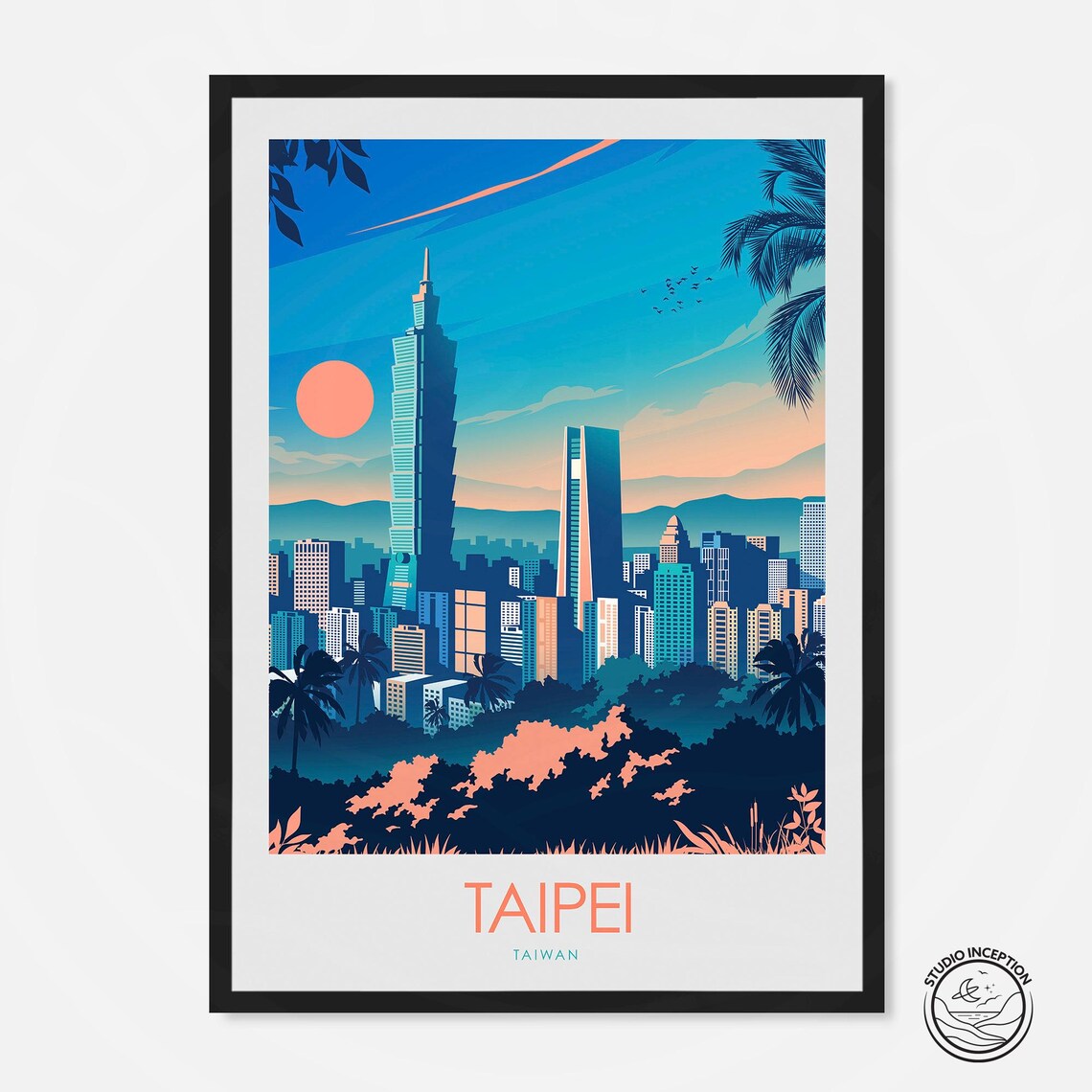 Taipei Taiwan Taipei 101 Skyline Sunset Vintage Travel Poster