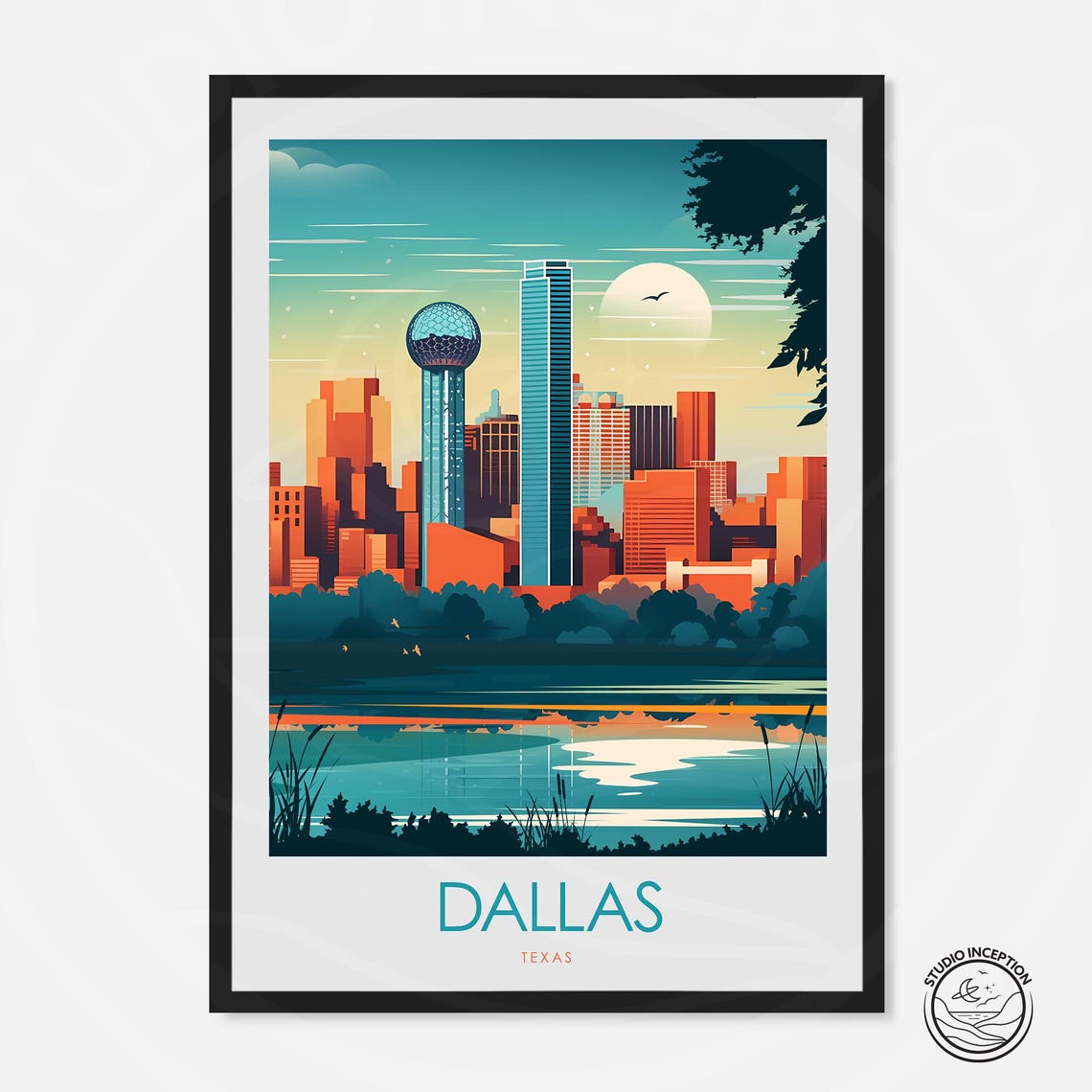 Dallas Texas Skyline Reunion Tower Water Reflection Sunset Poster