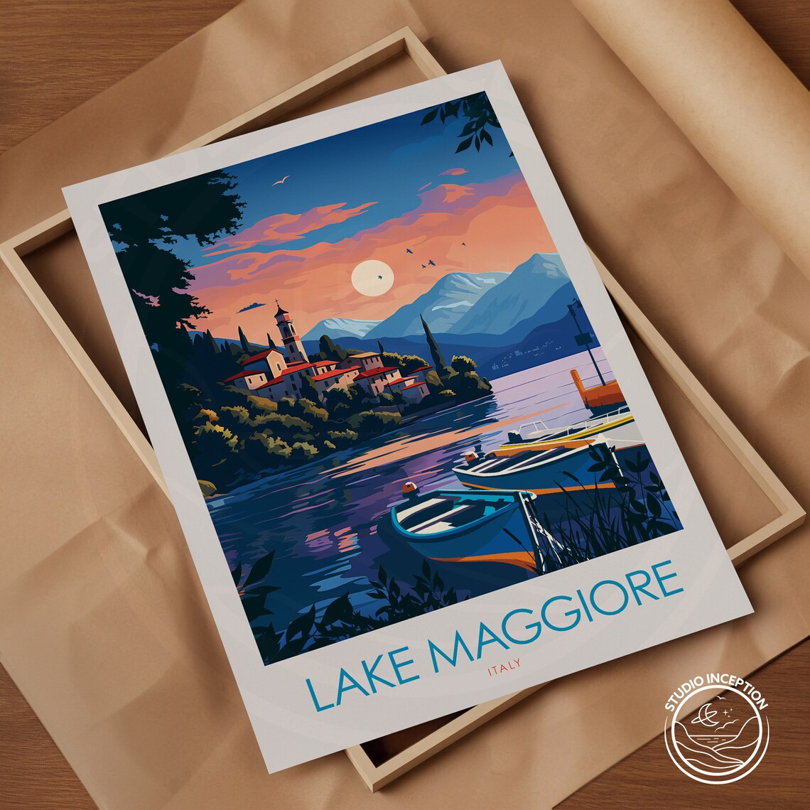 Lake Maggiore Italy Sunset Lakeside Village Fishing Boats Poster - Image 2