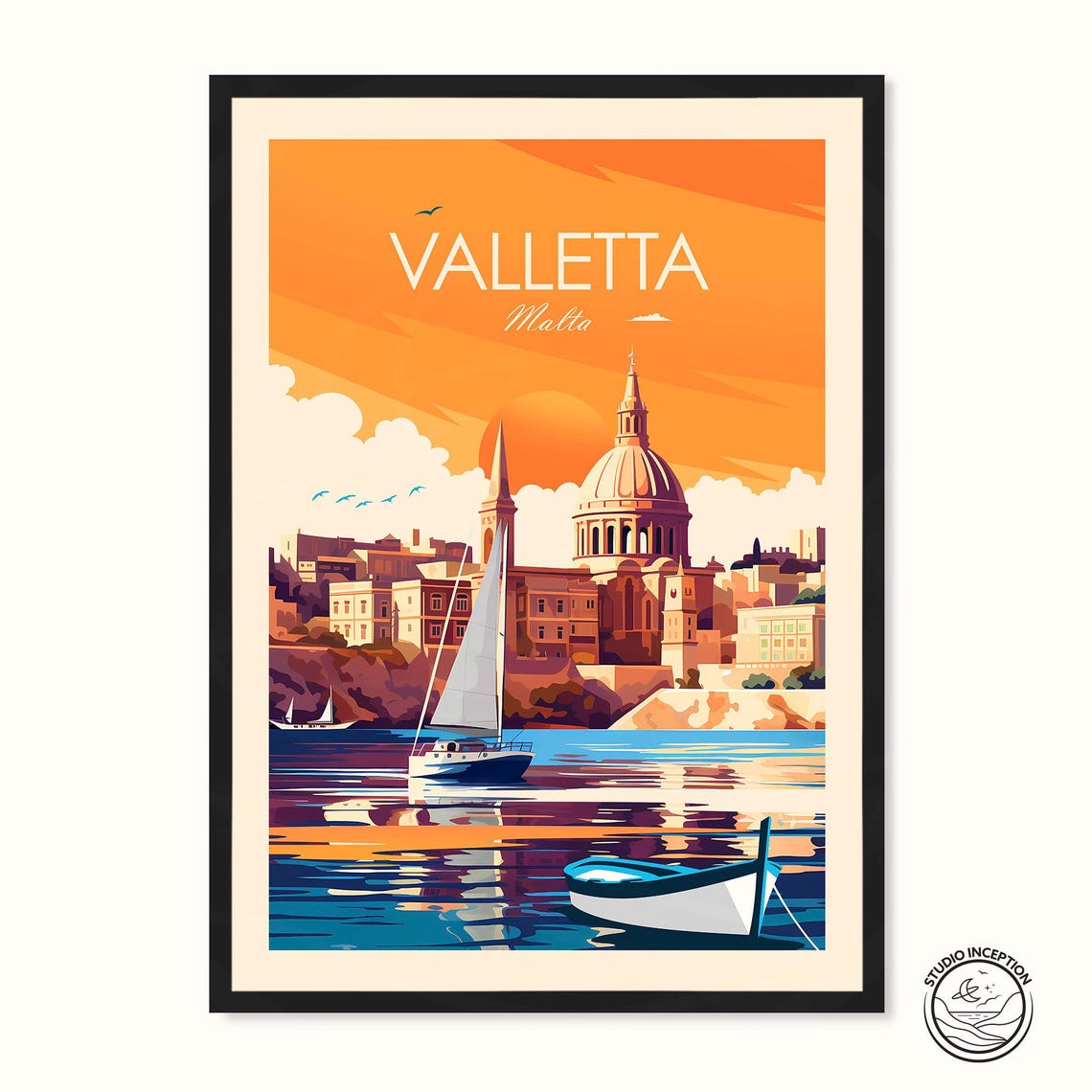 Valletta Malta Harbor Sunset Sailboat Basilica Travel Poster