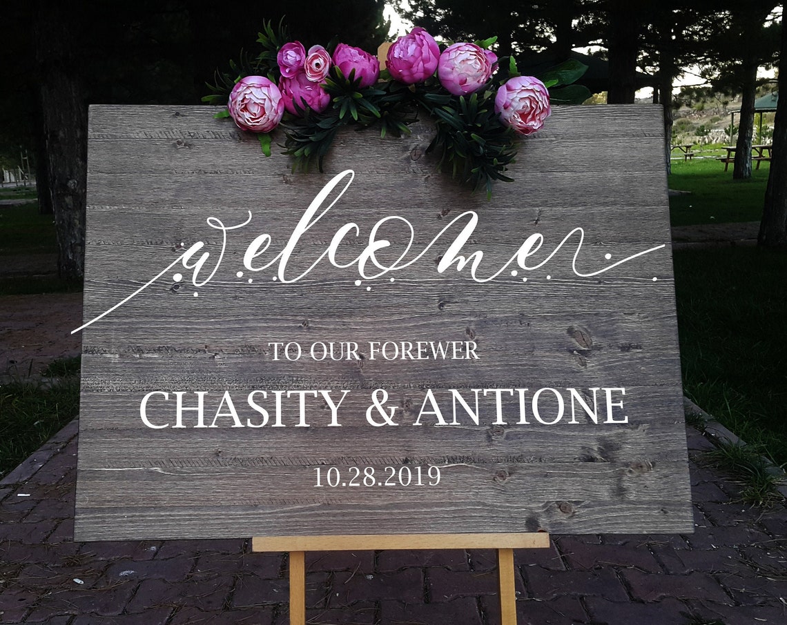 Personalized Wedding Welcome Sign Rustic Wood Names Date Wall Art - Image 3