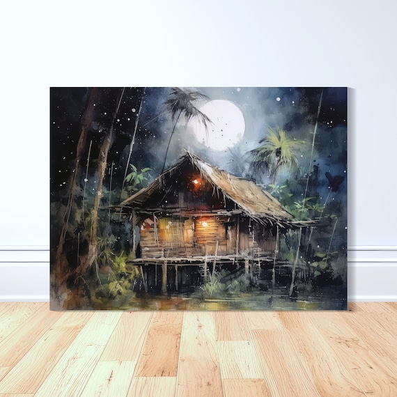 Bahay Kubo Full Moon Canvas Art Print Water Color Filipino Philippines Pinoy Gift Home Decor