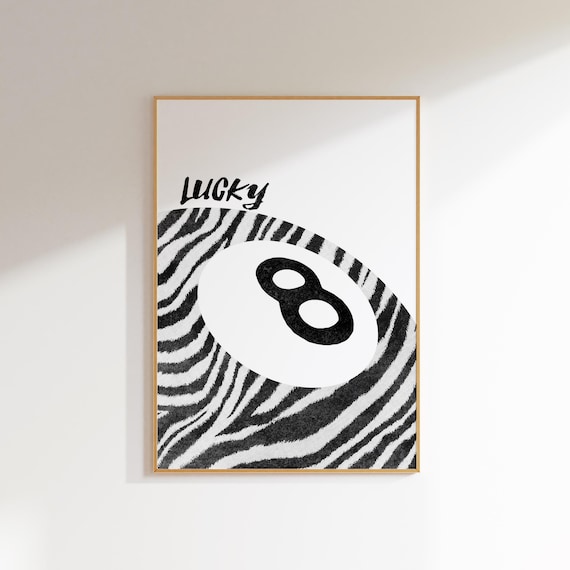 Lucky Zebra Pattern 8 Ball Billiards Retro Black White Art Poster
