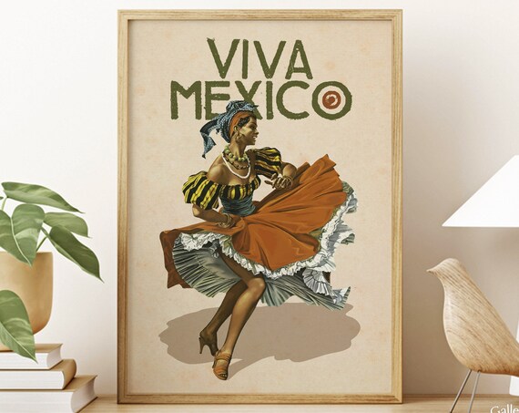 Vintage Viva Mexico Folk Dancer Woman Traditional Dress Travel Poster