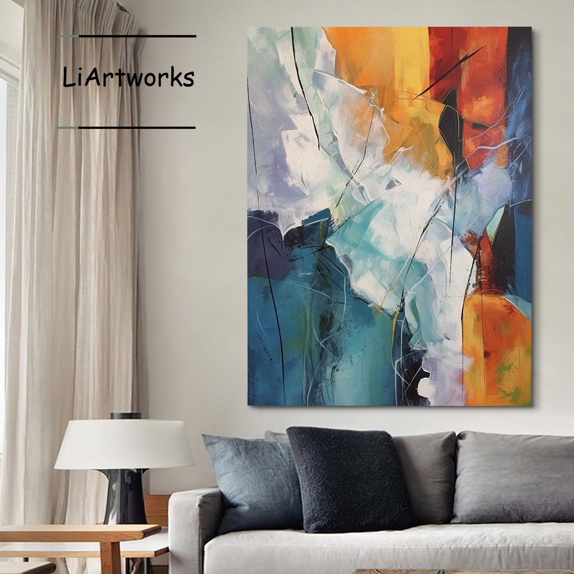 Blue White Orange Flowing Brushstroke Abstract Energy Poster - Image 3