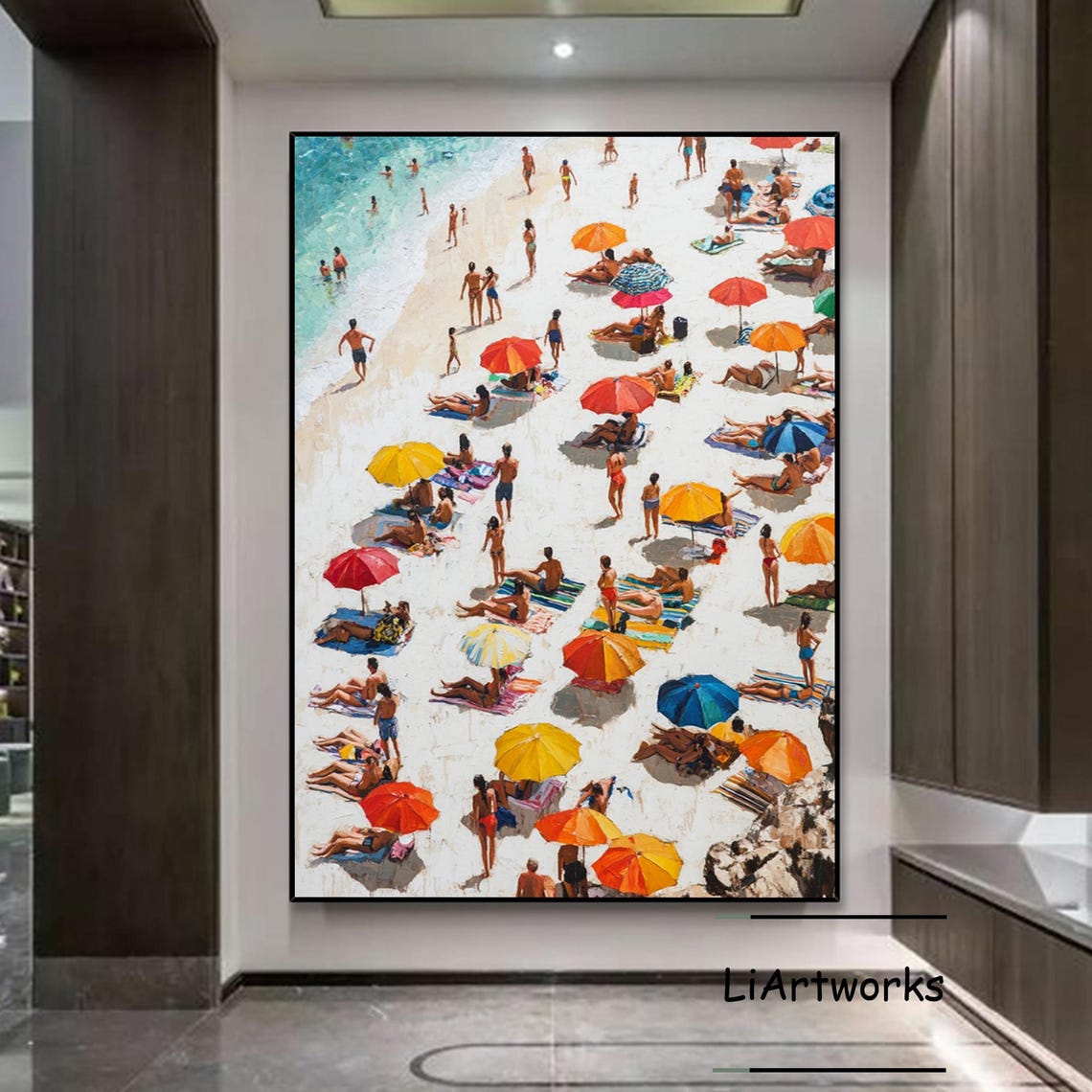 Sunny Beach Party Red Umbrellas Ocean Surf Summer Scene Art Poster - Image 4