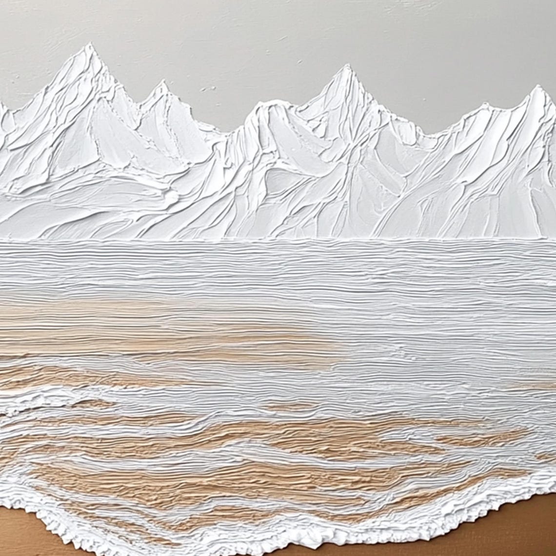 Textured White Mountain Peaks Over a Golden Sandy Shoreline Art Poster - Image 2