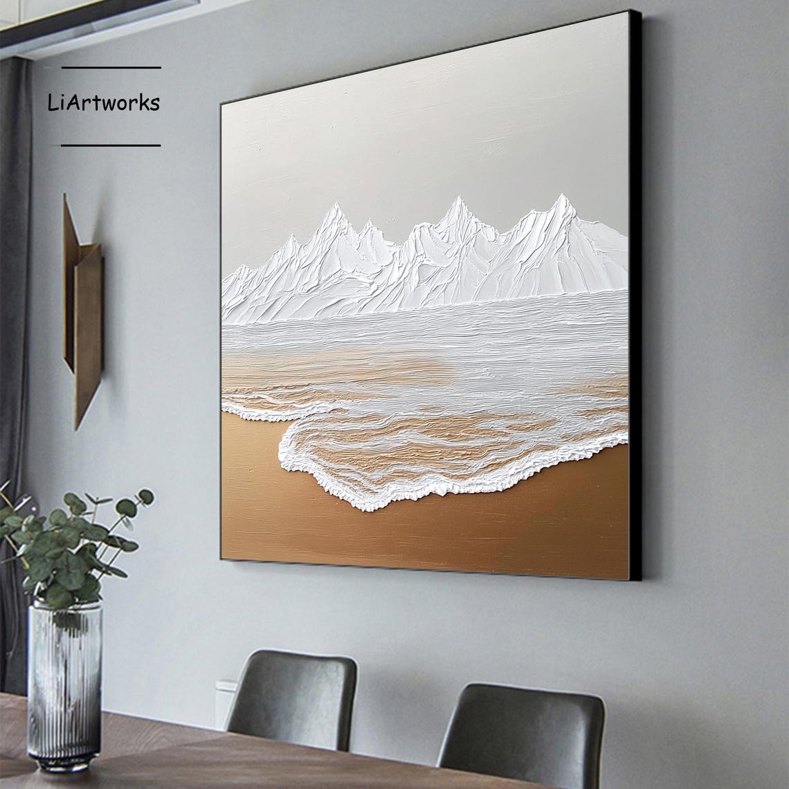 Textured White Mountain Peaks Over a Golden Sandy Shoreline Art Poster - Image 3