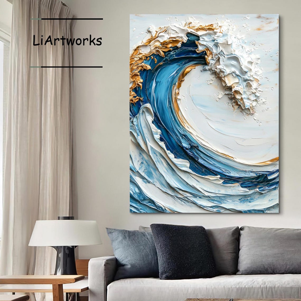 Blue Ocean Wave With Gold Crest White Foam Impasto Art Poster - Image 3