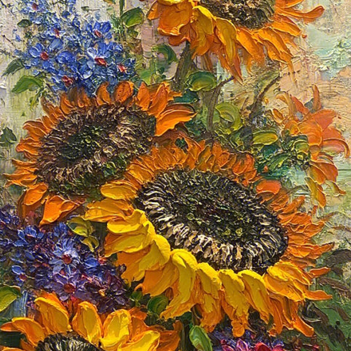 Impasto Sunflowers with Blue Blossoms Thick Texture Floral Art Poster - Image 2