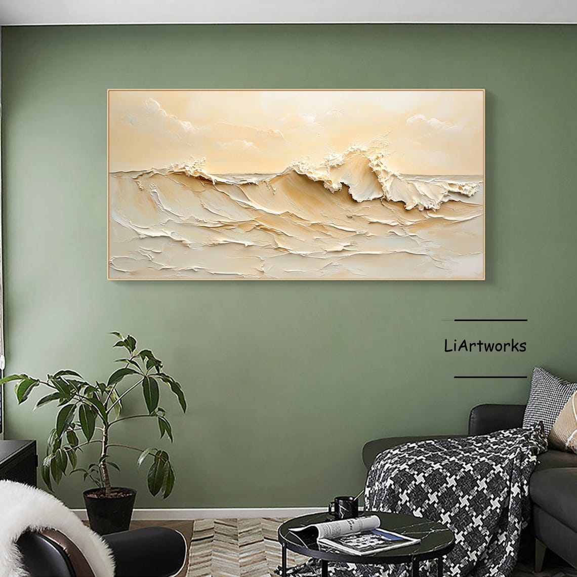 Warm Sand Toned Ocean Wave Crest in Textured Impasto Art Poster - Image 3