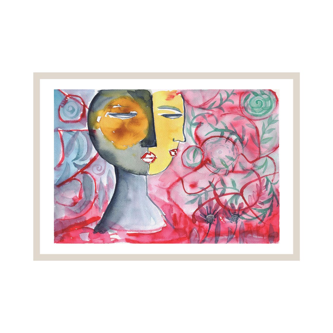 Split Dual Face Surreal Floral Watercolor Modern Abstract Art Poster