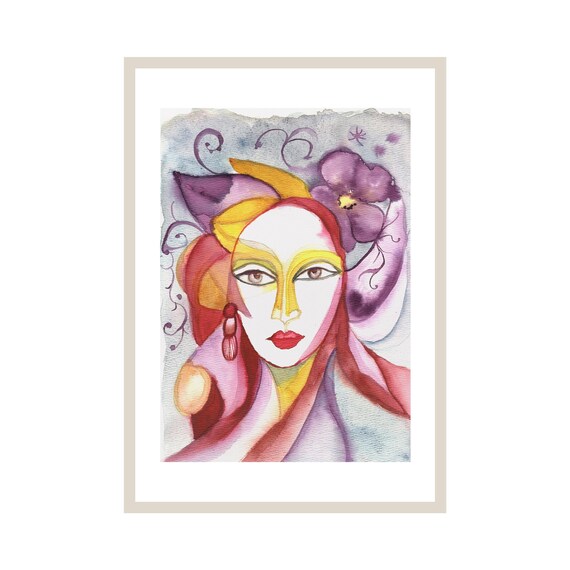 Bold Abstract Female Portrait With Violet Blossom Watercolor Art Poster