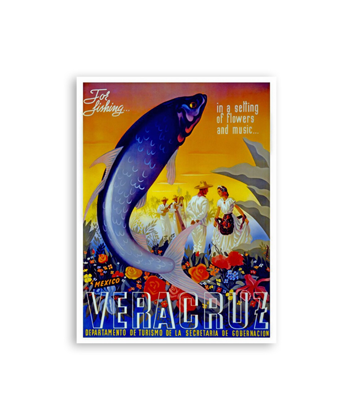 Veracruz Mexico Fishing Giant Fish Flowers Dance Vintage Poster