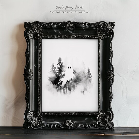 Little Ghost in Misty Black White Forest Halloween Art Poster