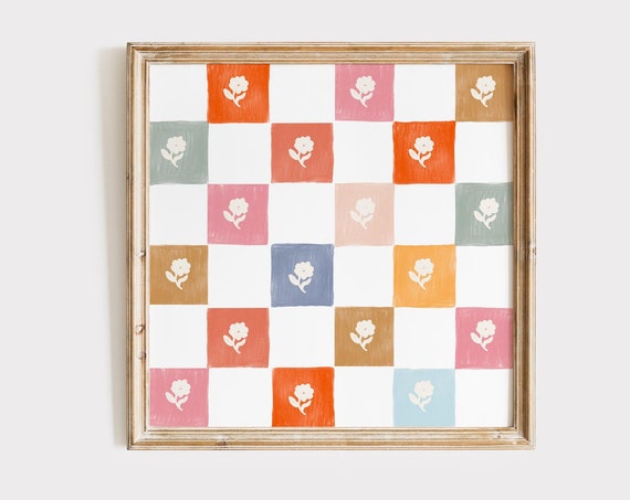 Colorful Floral Checkered Square Print, Cottage Decor