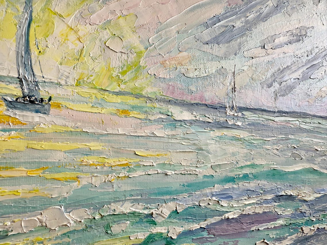 Sunrise Seascape Sailboats Original Handmade Oil Painting On 20x10 Nautical Palette Knife Abstract Painting One Of A Kind Gift - Image 2