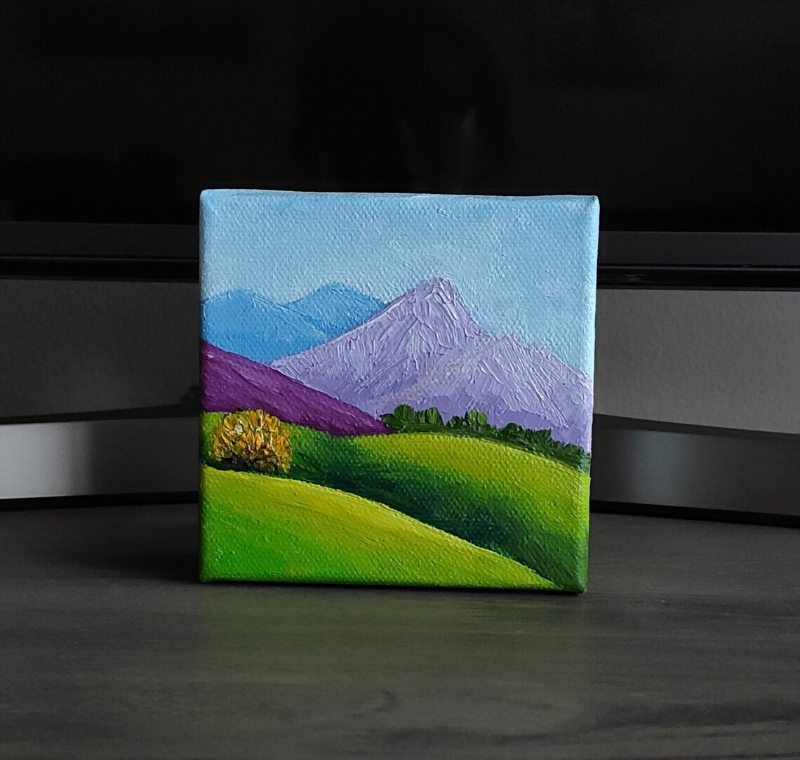 Purple Blue Mountain Peaks Over Green Rolling Hills Landscape Art Poster - Image 4